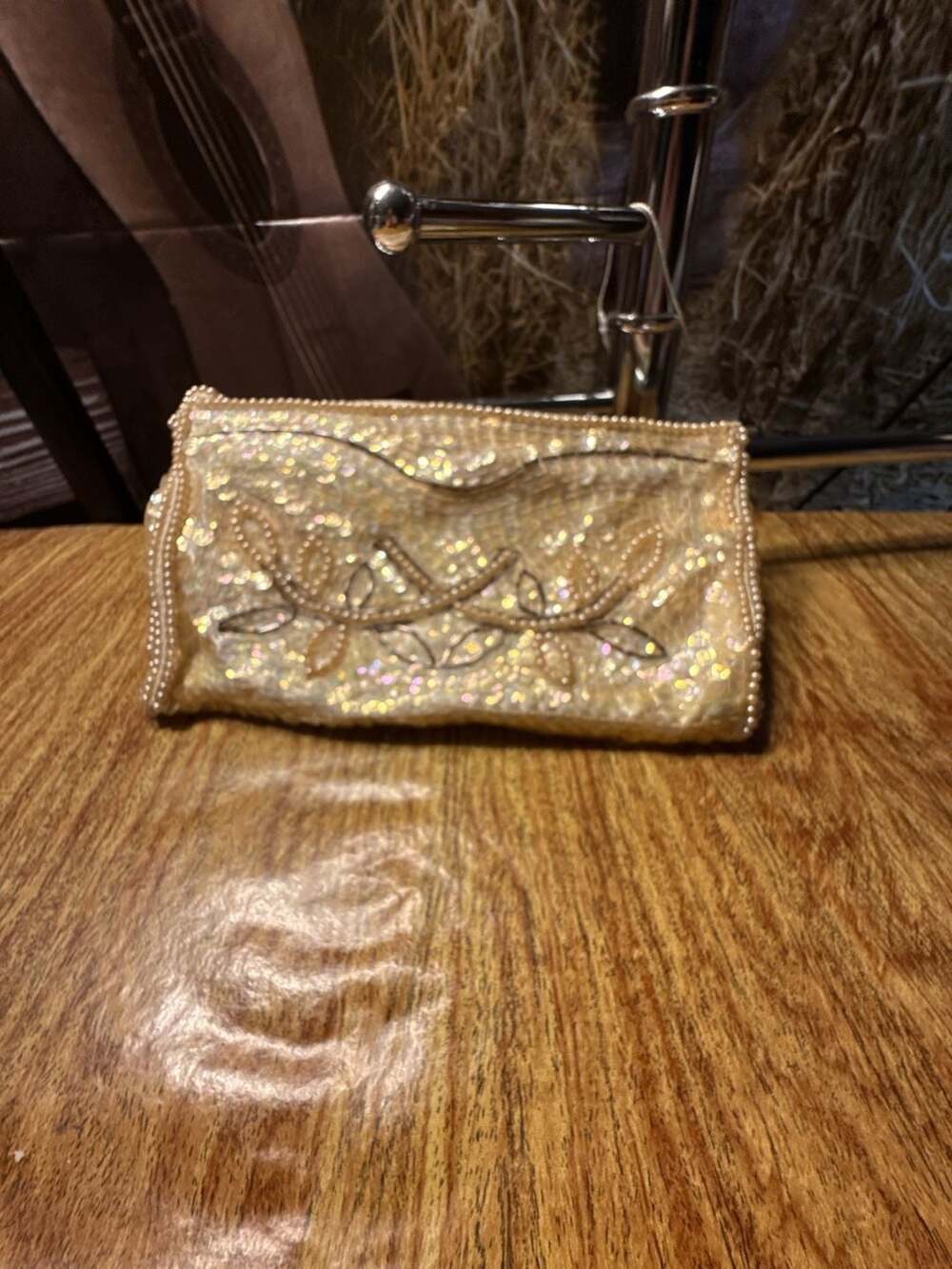 Vintage Debbie Made in Japan Iridescent Sequin and Faux Pearl Beaded Clutch